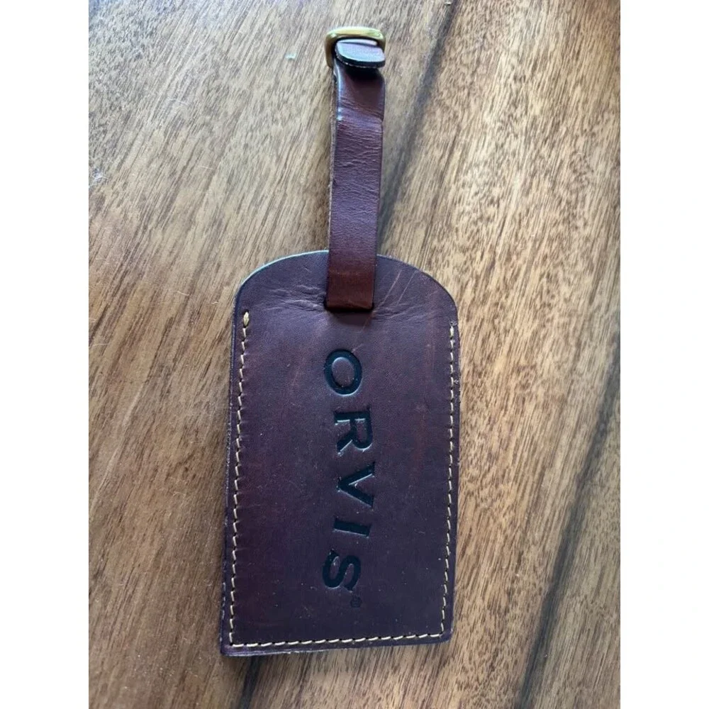 Vintage Orvis Thick Bullhide Dark Brown Leather Luggage Tag Bag ID